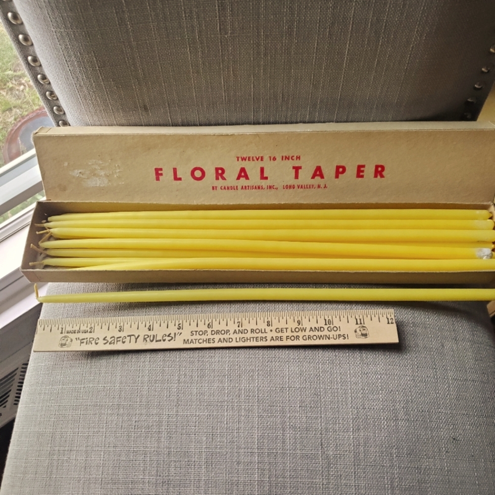 Yellow Floral Taper Candles, 16", box of 12, vintage
